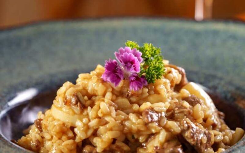 Risoto de palmito com iscas de mignon